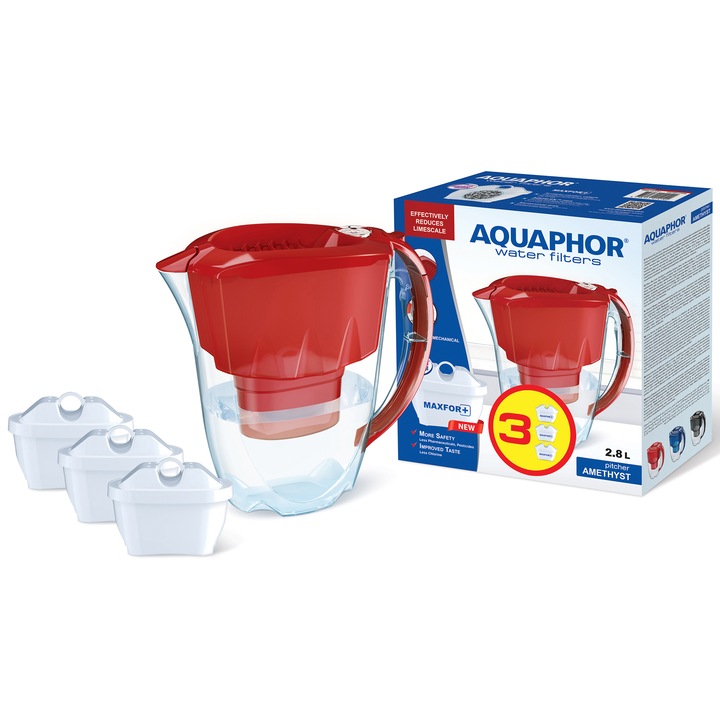 Кана за филтриране на вода Aquaphor Amethyst, С 3 филтъра, Червен