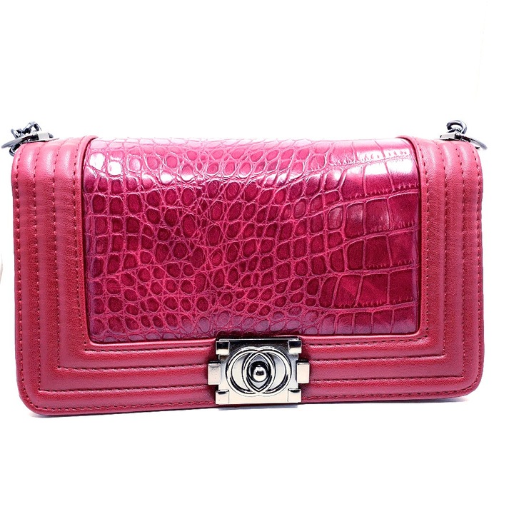 Geanta dama Freya, Gento Accessories, Piele Ecologica, Print Snake, Visiniu, 20 x 9 x15 cm