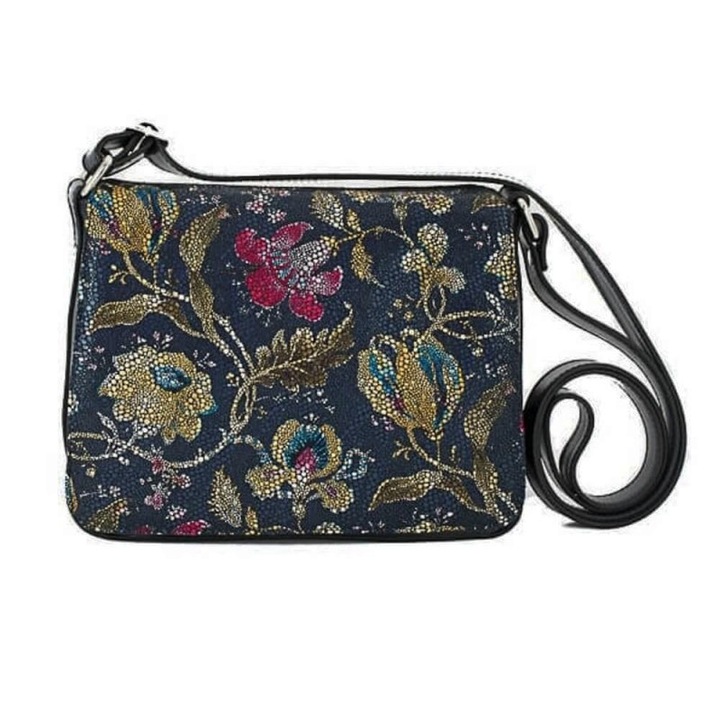 Valódi bőrből készült, sötét kék szinű, váltáska, virág mintával, 127 modell, The Bag Shop