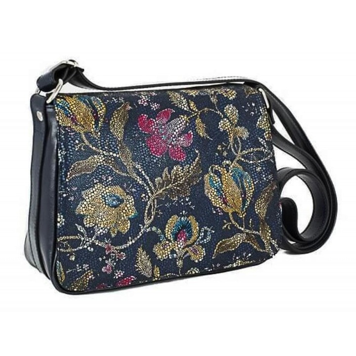 Чанта за рамо Magazinul De Genti, естествена кожа, с щампа на цветя, модел 127, тъмносин