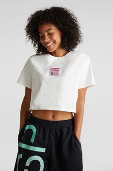 EDC by Esprit, Tricou crop cu aplicatie logo holografica, Alb EDC by Esprit, Tricou crop cu aplicatie logo holografica, Alb