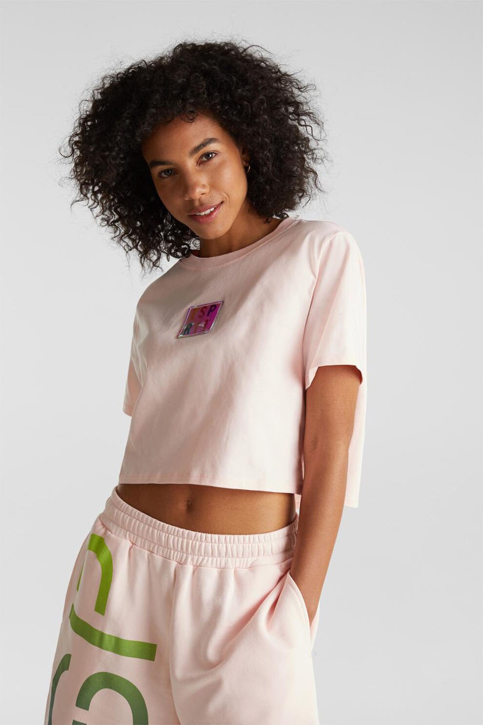 EDC by Esprit, Tricou crop cu aplicatie logo holografica, Roz pal