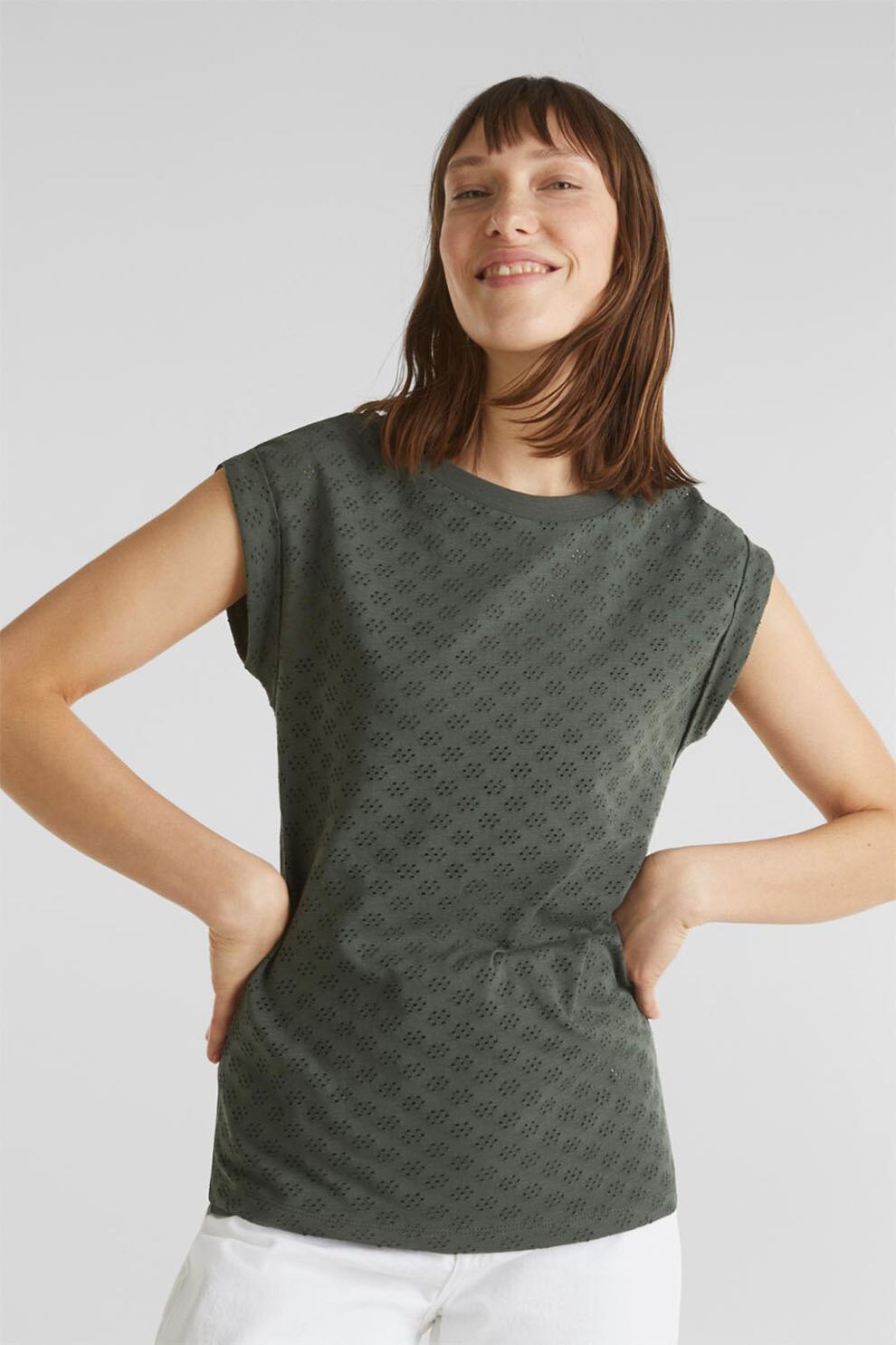 EDC by Esprit, Tricou de bumbac, cu decupaje, Gri inchis