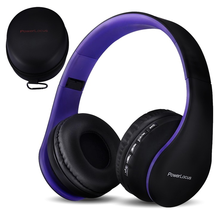 Bluetooth Слушалки PowerLocus Over-Ear Сгъваеми стерео Слушалки, с Micro SD/TF слот, FM и Микрофон Лилави + Кейс за пътуване