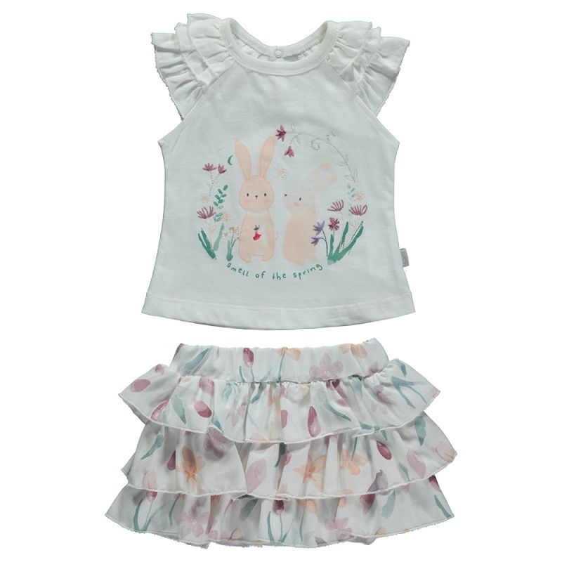 Set 2 piese, tricou si fusta, Bebetto, Wild Flowers, Alb