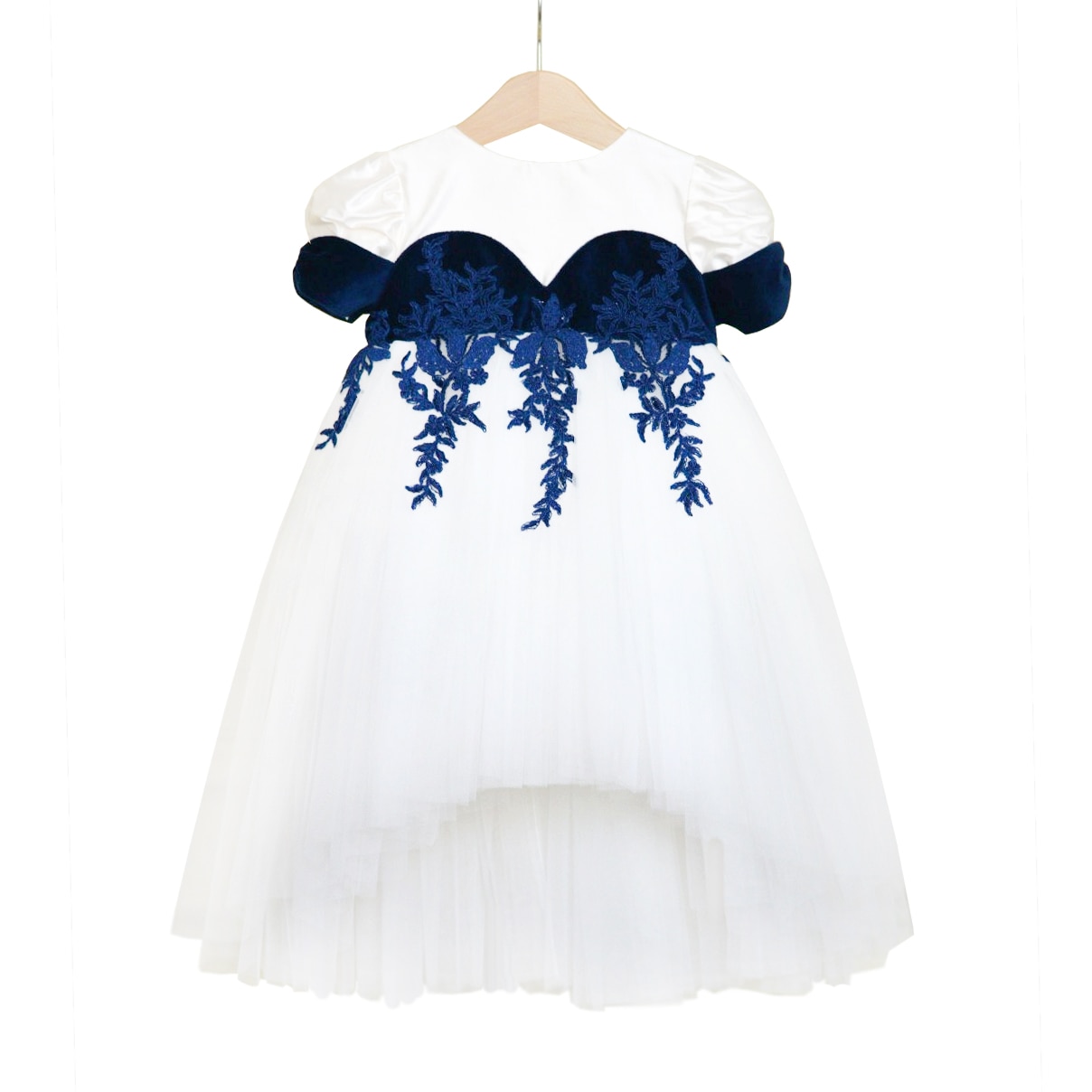 Rochie botez Petite Coco, Blue Sapphire, tip tutu, din matase ivoire, catifea si tul, cu aplicatii de dantela bleumarin