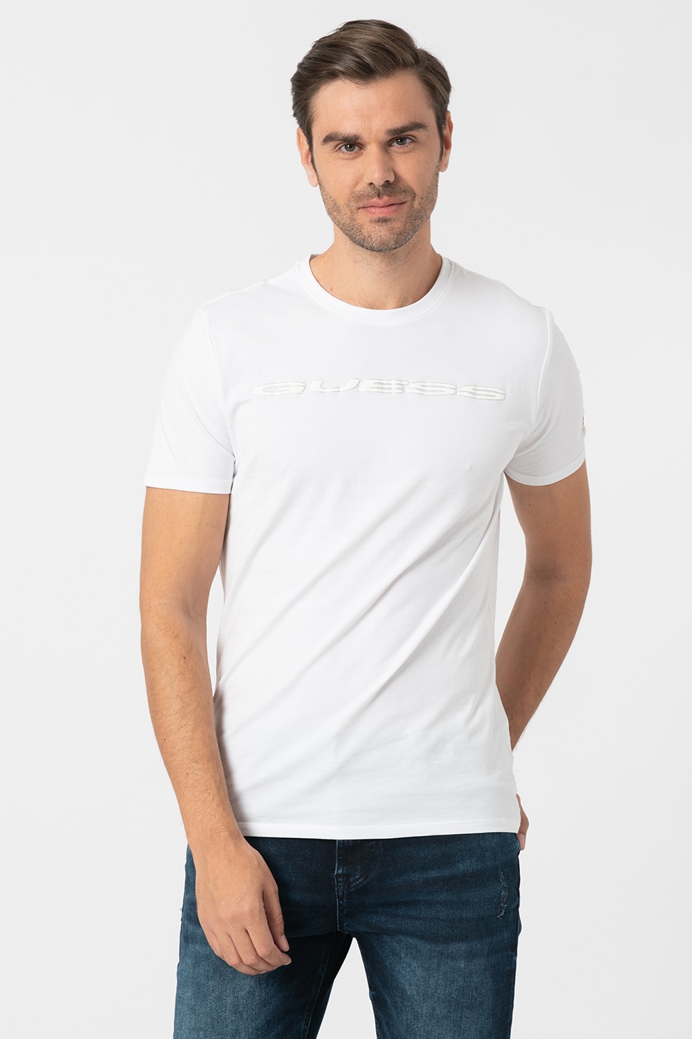 GUESS JEANS, Tricou cu decolteu la baza gatului si logo 2, Alb, 2XL