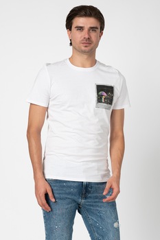 GUESS JEANS, Tricou slim fit cu buzunar pe piept, Alb/Negru, 2XL GUESS JEANS, Tricou slim fit cu buzunar pe piept, Alb/Negru, 2XL