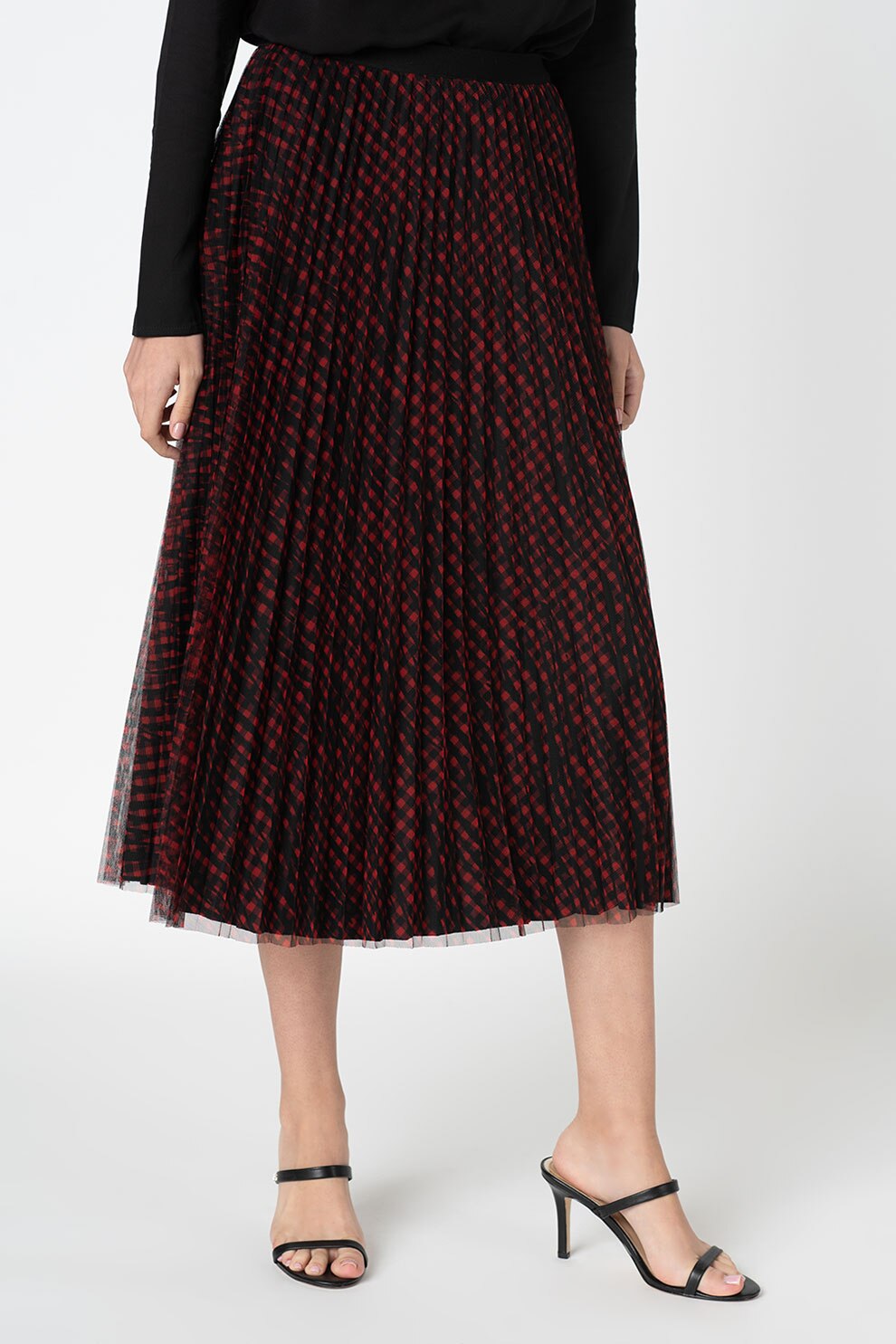 GUESS JEANS, Fusta mini cu strat exterior din tul, Negru/Rosu, S