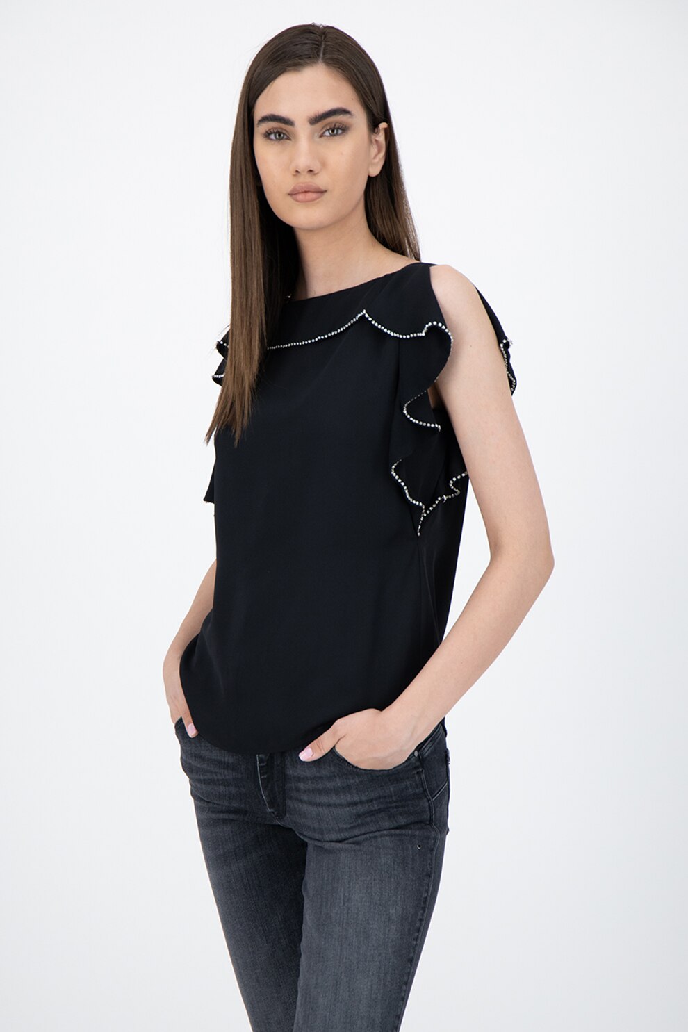 GUESS JEANS, Bluza cu volane, fara maneci, Negru, XL