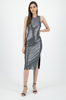 GUESS JEANS, Rochie midi cu aspect metalizat, Argintiu, M GUESS JEANS, Rochie midi cu aspect metalizat, Argintiu, M