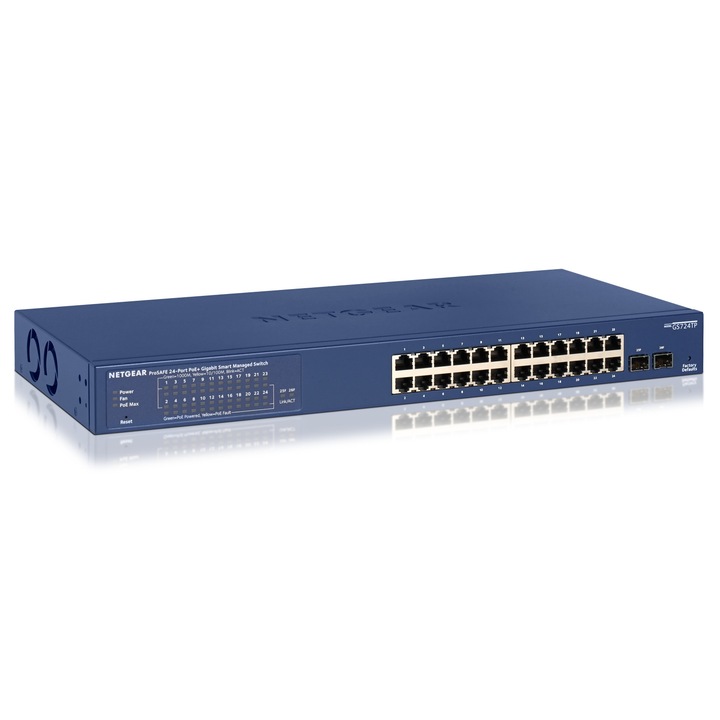 Netgear ProSafe Smart 24-Port GbE PoE+ 192W, 2xSFP (GS724TP v2) kék Switch