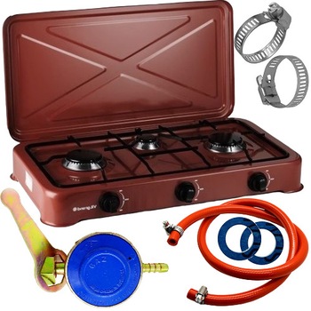 Pachet Aragaz Cu 3 Ochiuri,Utilizare GPL Butelie 0.9Kw, 1.6Kw, 2.3KwCeas Butelie, 2m Furtun, 2Coliere,2 Garnituri,Maro Pachet Aragaz Cu 3 Ochiuri,Utilizare GPL Butelie 0.9Kw, 1.6Kw, 2.3KwCeas Butelie, 2m Furtun, 2Coliere,2 Garnituri,Maro