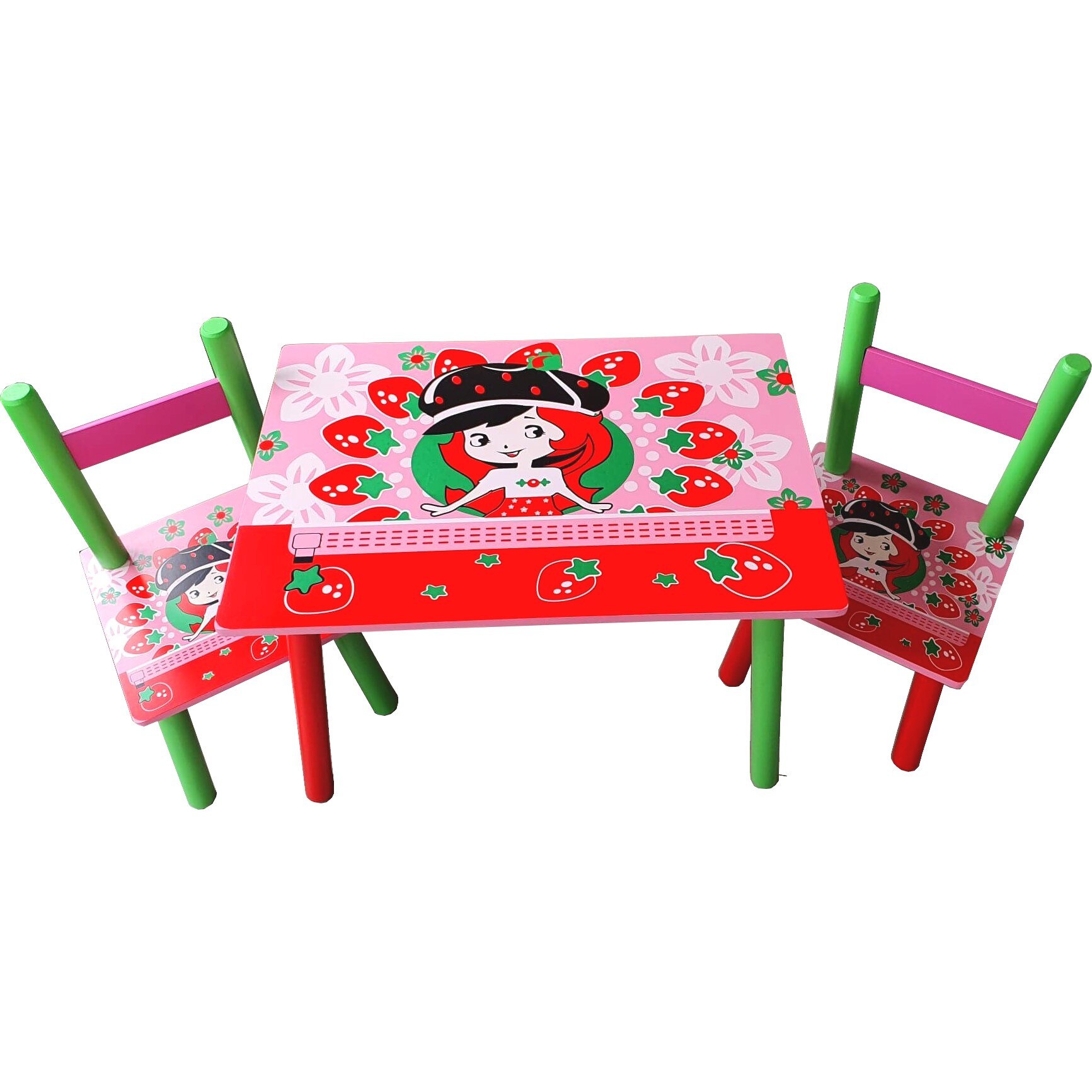 Masuta copii din MDF cu doua scaune Novokids™ My first table, dimensiuni 59X39X40, Suprafata lucioasa, Model Capsunica, Rosu cu Roz