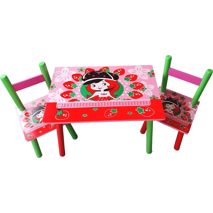 Masuta copii din MDF cu doua scaune Novokids™ My first table, dimensiuni 59X39X40, Suprafata lucioasa, Model Capsunica, Rosu cu Roz