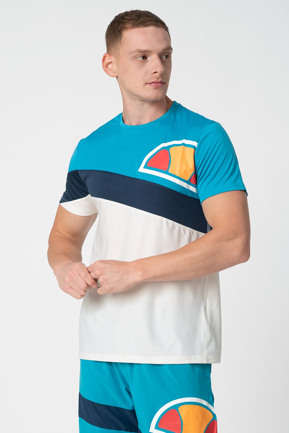 ELLESSE, Tricou cu decolteu la baza gatului, pentru antrenament Reventon, Albastru/Alb