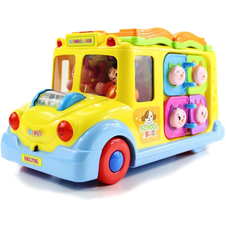 Jucarie educativa si interactiva, Autobuz Scolar inteligent premium, 8 jocuri cu lumini, sunete si activitati pentru copii fete si baieti de 1, 2, 3 ani, Multicolor