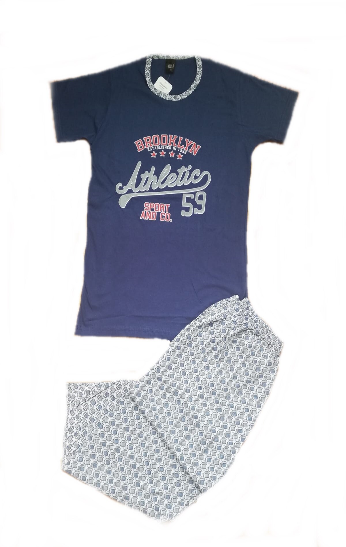 Pijama barbati SRN maneca scurta si pantalon lung ,imprimeu Athletic 59 ,Culoare bleumarin, Bleumarin