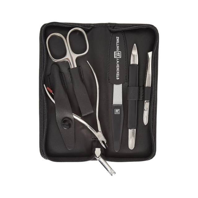 Trusa pentru manichiura, Zwilling Nail Care, 5 piese din otel inoxidabil, placat cu nichel, etui pentru protectie din piele naturala
