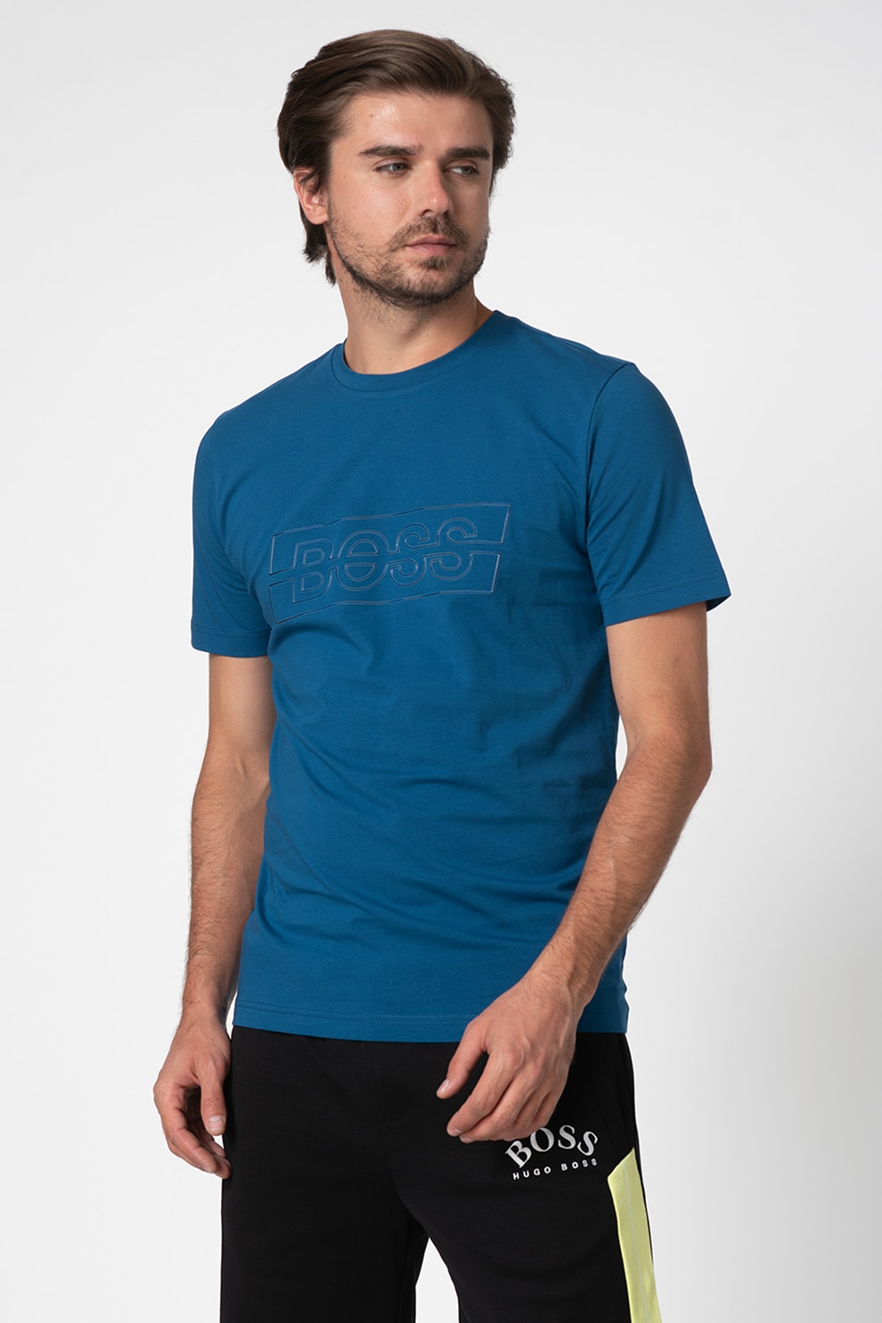 Boss Hugo Boss, Тениска с овално деколте и гумирано лого, Тъмносин, 2XL