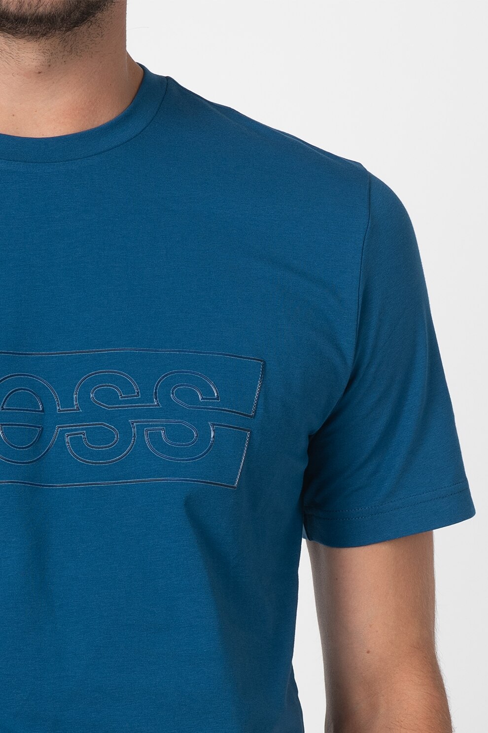 Boss Hugo Boss, Тениска с овално деколте и гумирано лого, Тъмносин, 2XL