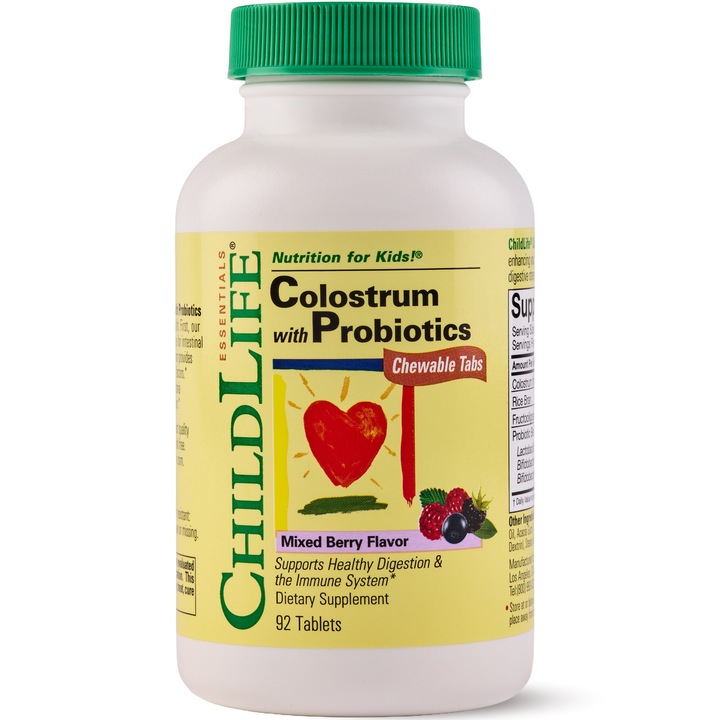 Supliment alimentar Colostrum with Probiotics (Probiotice) ChildLife Essentials, Secom, 92 tablete masticabile