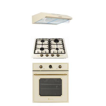 Cuptor electric, plita pe gaz si hota clasica Luna Retro Studio Casa, gratare fonta, 310 mc / h, finisaj crem