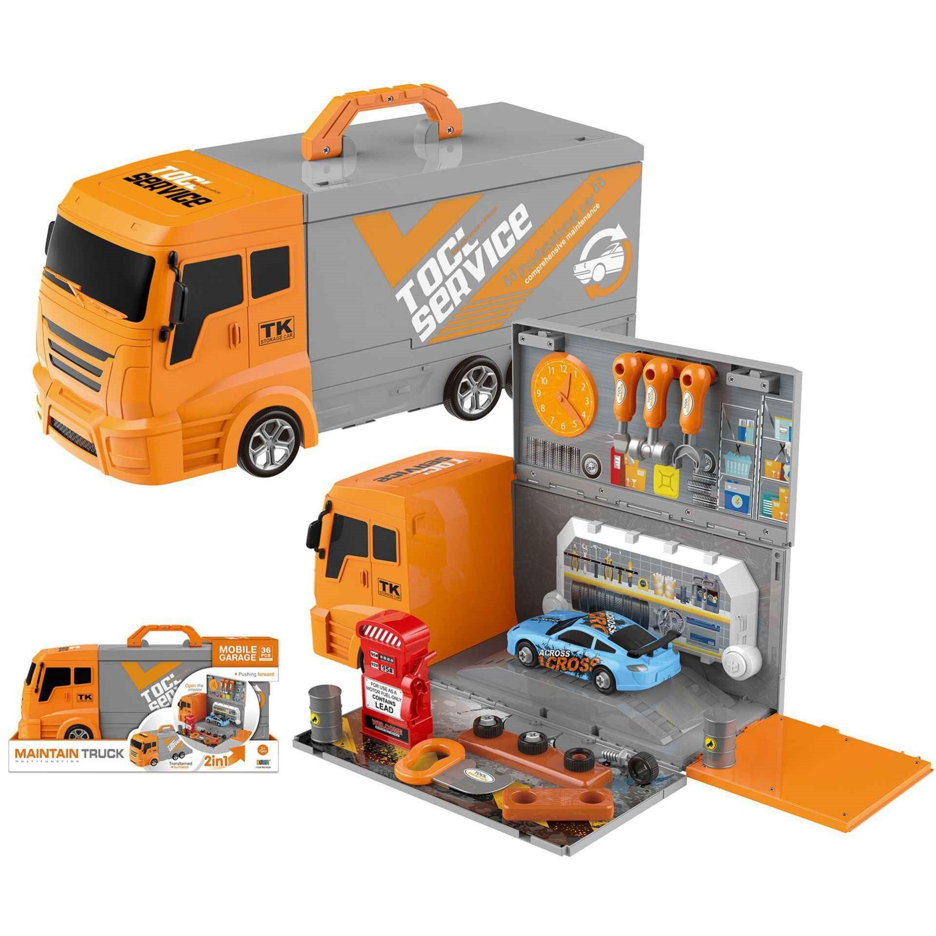 Set Camion multifunctional de interventie service cu masina sport , Mobile Garage, 36 accesorii, Portocaliu