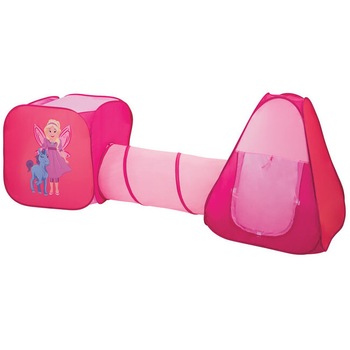 Loc de joaca 3 in 1 Princess, ideal pentru copii cu 100 de bile multicolore, compus din 2 corturi si tunel intermediar Loc de joaca 3 in 1 Princess, ideal pentru copii cu 100 de bile multicolore, compus din 2 corturi si tunel intermediar