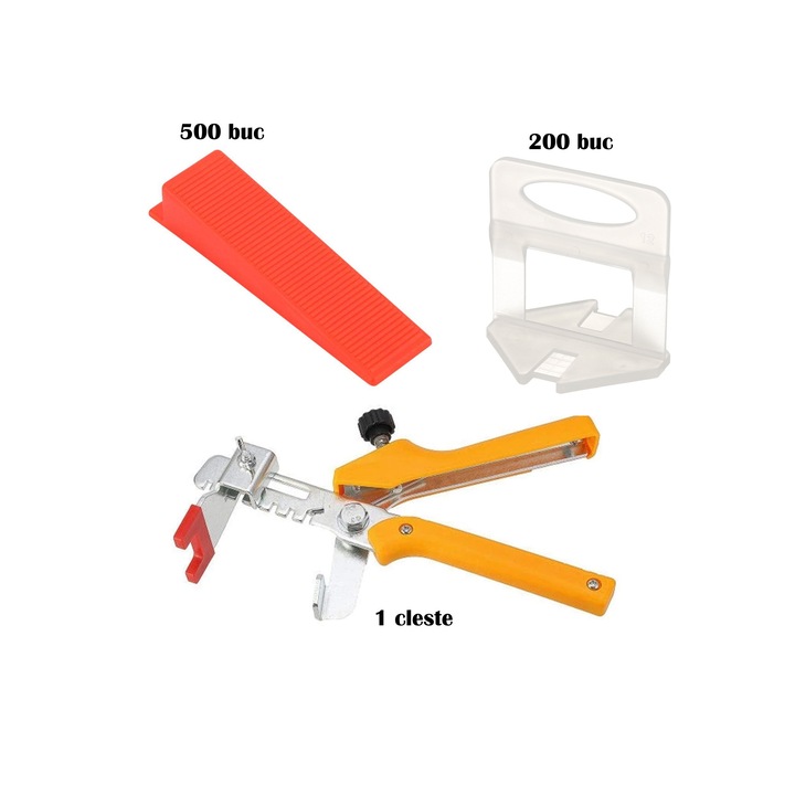 Set nivelare gresie 0.5 mm - 500 clipsuri, 200 pene si 1 cleste metalic gama PROMaxx