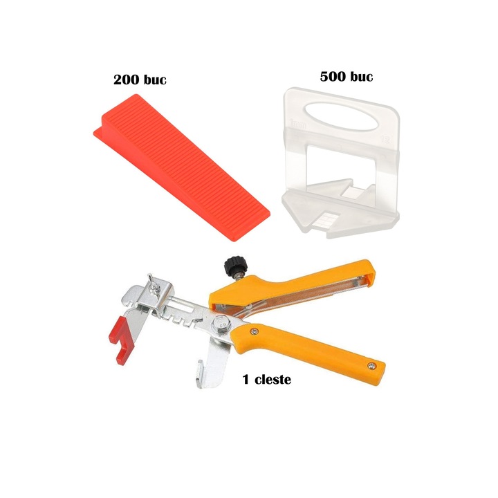 Set nivelare gresie 1.0 mm - 500 clipsuri, 200 pene si 1 cleste metalic gama PROMaxx