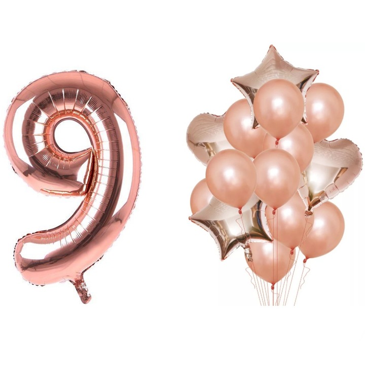 Комплект балони за рожден ден номер 9, розово злато, Време е за парти
