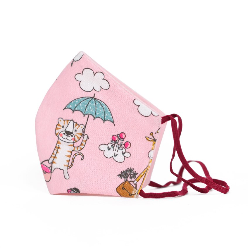 Set 2 Masti protectie faciala COPII, model PINK ANIMALS, reutilizabile, bumbac, 3 straturi, anatomice, cu elastic reglabil