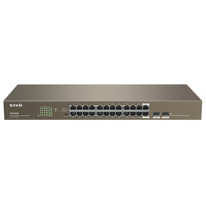 Tenda TEG1024F Asztali Switch, 24 port, 2 SFP-hely, 6kV Villámvédelem