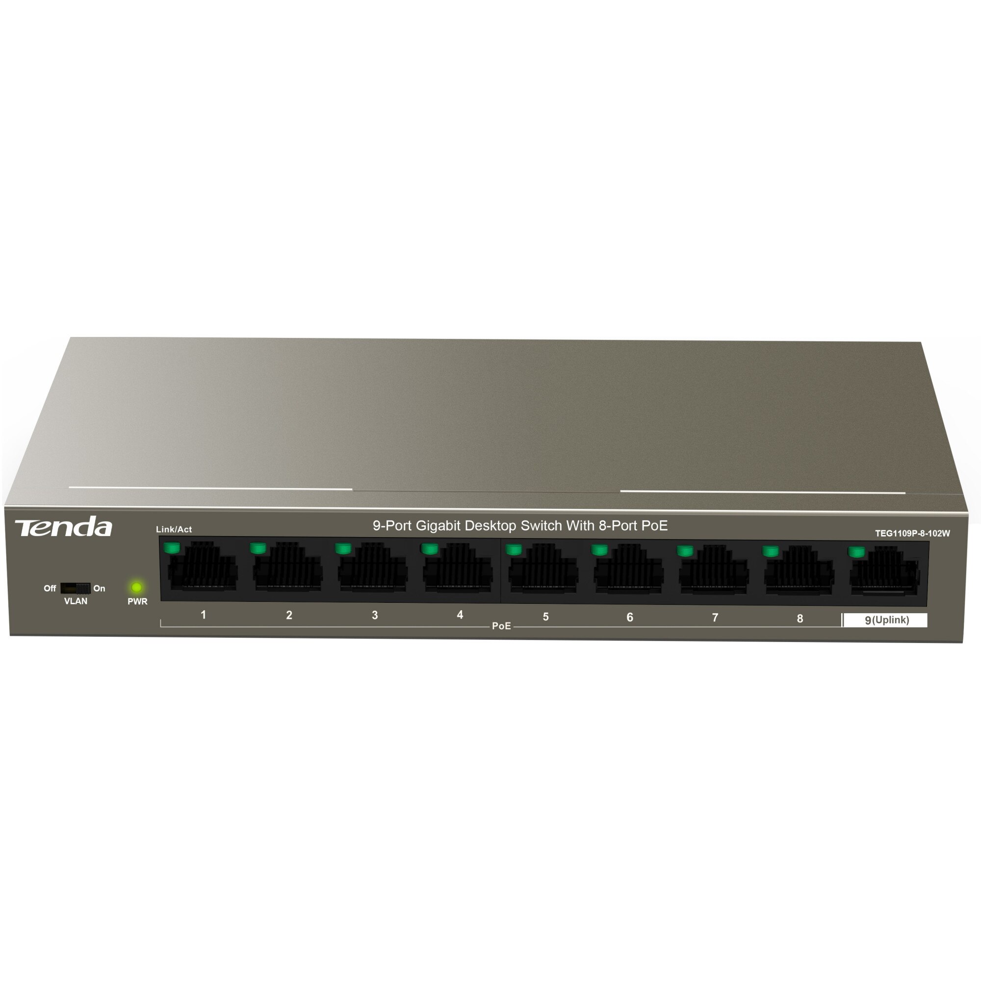 Switch desktop Gigabit Tenda TEG1109P-8-102W cu 8-Port PoE, protectie fulger 6KV, VLAN, management