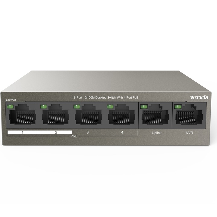 Суич Tenda TEF1106P-4-63W с 6 порта 10/100Mbps, Desktop, с 4 порта PoE, Мълниезащита 6кV