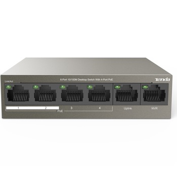 Switch desktop Tenda TEF1106P-4-63W cu 6 porturi 10/100Mbps, cu 4 porturi PoE, protectie fulger 6kV Switch desktop Tenda TEF1106P-4-63W cu 6 porturi 10/100Mbps, cu 4 porturi PoE, protectie fulger 6kV