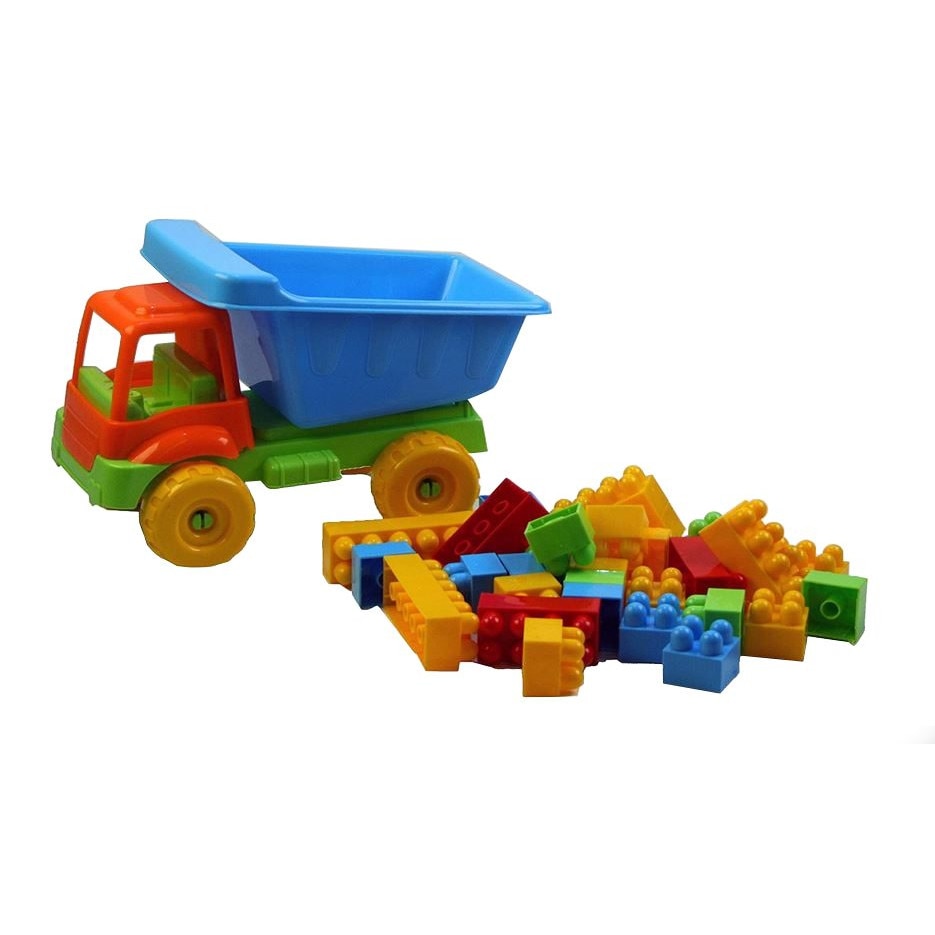 Set Camion Basculanta cu 45 de cuburi de constructie, multicolor, + 3 ani