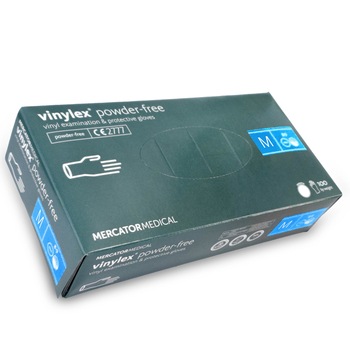 Manusi vinil medicale, nepudrate, albe transparente, 100 buc VINYLEX powder free marimea M de unica folosinta, Mercator Medical Manusi vinil medicale, nepudrate, albe transparente, 100 buc VINYLEX powder free marimea M de unica folosinta, Mercator Medical