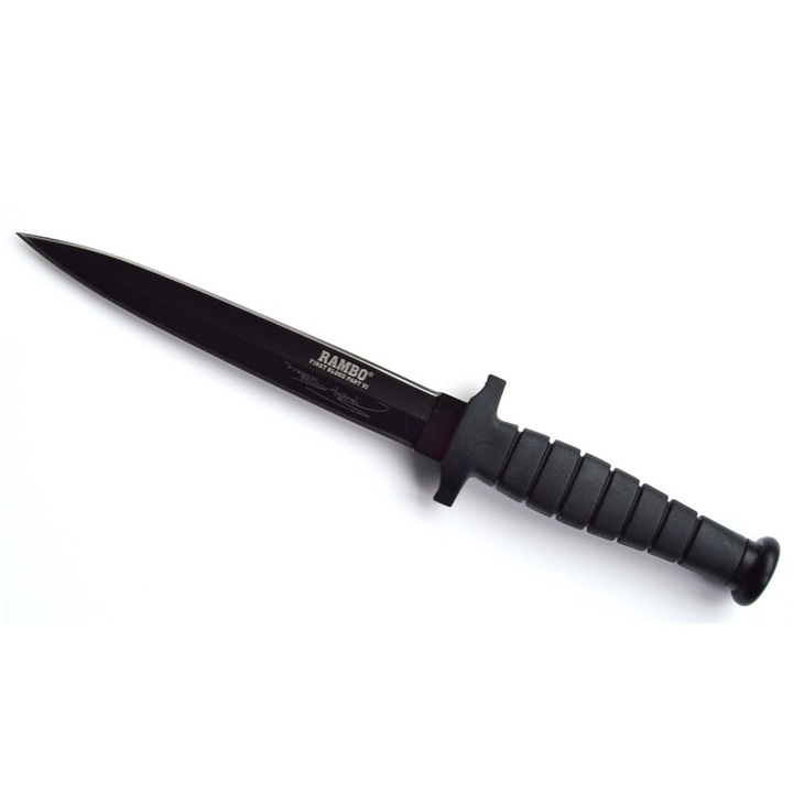 Cutit tip baioneta Rambo VI cu doua taisuri, maner cauciuc + teaca, 31 cm