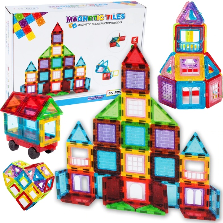 Set Inteligent de Constructie Magnetic cu 45 Piese, Educativ si Creativ, "MAGNETIC CONSTRUCTION BLOCKS", Numeroase Posibilitati de Construit Creativ, Dezvoltarea Abilitatilor Motrice si a Imaginatiei