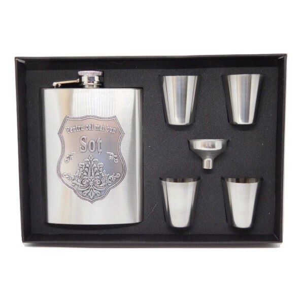 Set plosca cu palnie si 4 pahare din inox in cutie eleganta 