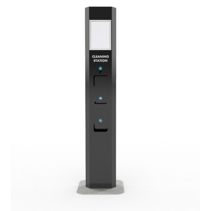 Statie de igienizare STANDARD - negru mat, cu dozator pentru dezinfectant cu senzor si dispenser servetele - 200 x 35 cm
