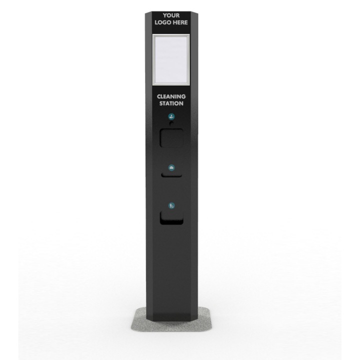 Statie de igienizare STANDARD - negru lucios, cu dozator pentru dezinfectant cu senzor si dispenser servetele - 200 x 35 cm