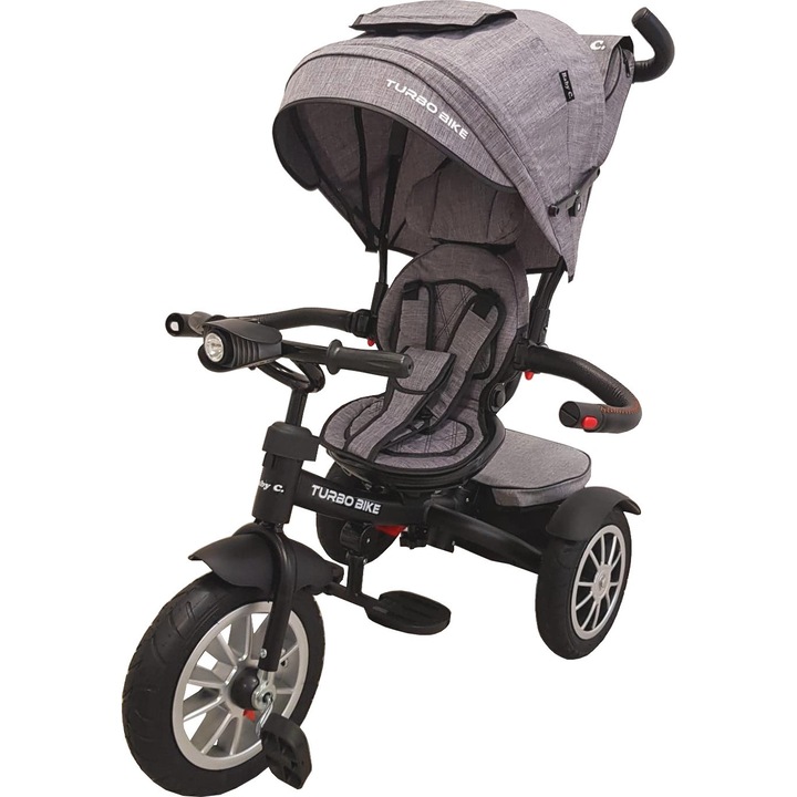 Триколка Baby Care, Turbo Bike, С осветление, Гумени колела, Позиция за сън, Педали и дръжка за родители, Реверсивна седалка с въртене на 360 градуса, Метална рамка, Размери 110X45X90 см, Сив
