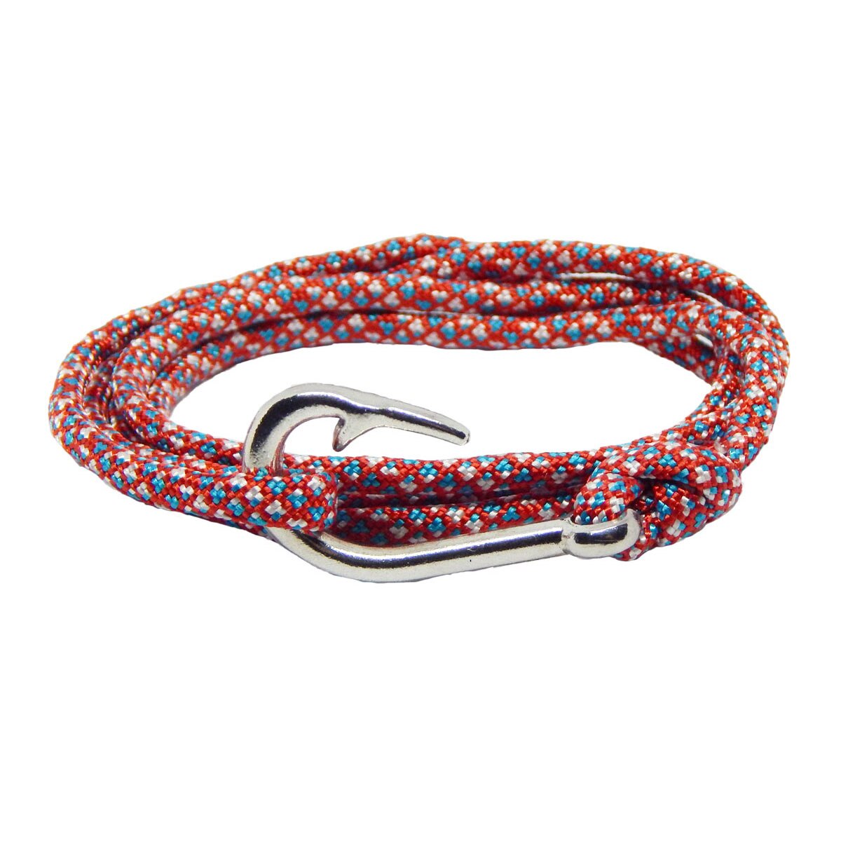 Bratara reglabila din snur paracord rosu cu alb si inchizatoare Fish Hook