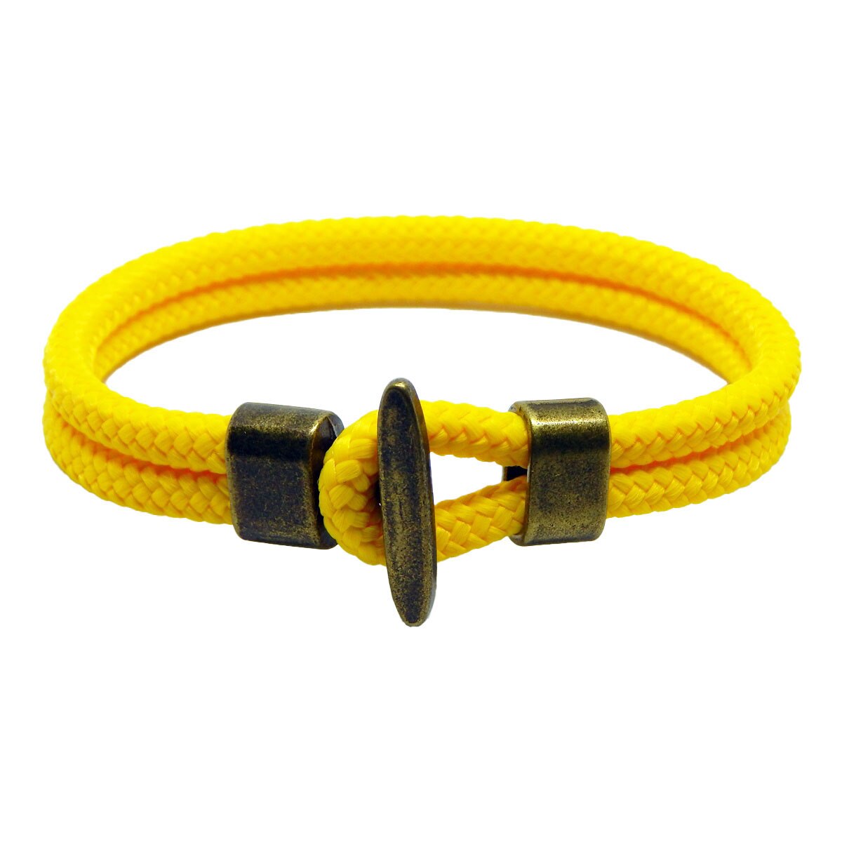 Bratara de 22 cm, din snur paracord pp galben, cu buton metalic din bronz