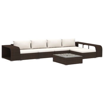 Set mobilier de gradina 8 piese masa si canapea, vidaXL, Poliratan, 140 x 35 x 45 cm, Maro/Alb Set mobilier de gradina 8 piese masa si canapea, vidaXL, Poliratan, 140 x 35 x 45 cm, Maro/Alb