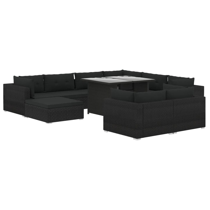 Set mobilier de gradina 10 piese canapea, masa si taburet, vidaXL, Poliratan, 70 x 70 x 56 cm, Negru