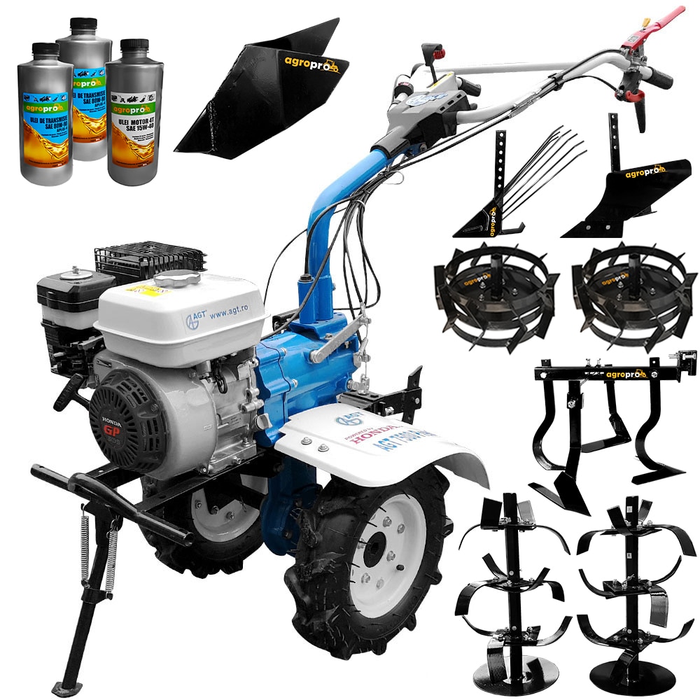 Pachet motocultor Premium AGT 7500, motor Honda GP200 6.5CP, latime lucru 80cm, freze, roti cauciuc, rarita fixa, roti metal, plug arat, plug cartofi, cultivator, 3L ulei AgroPro